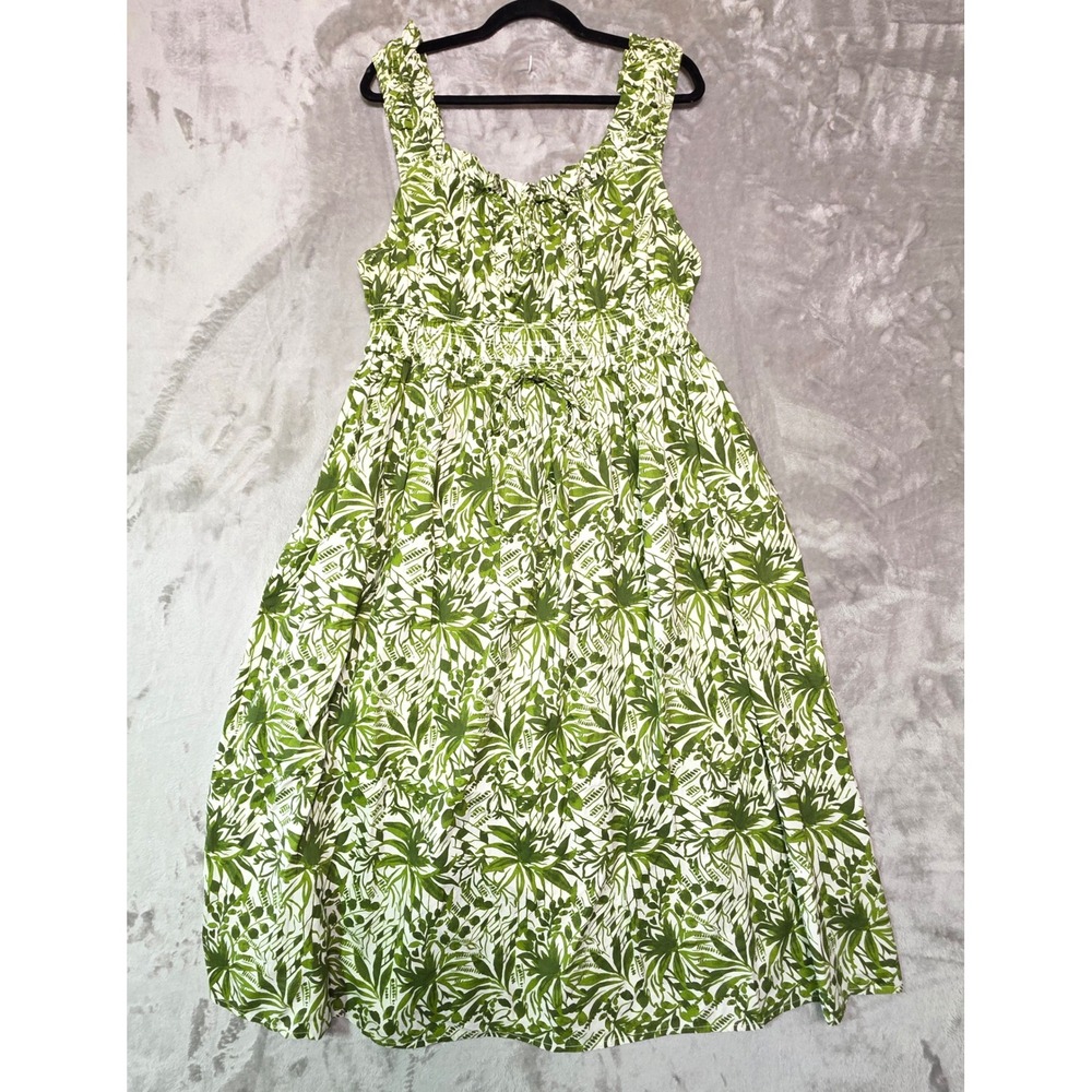 Lea Women Green White Tropical Botanical Cotton Smocked Midi Dress Pockets 1X